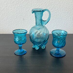 Vintage Italian Hand-Blown Blue Glass Mini Decanter & Goblets Set 5.5" Tall